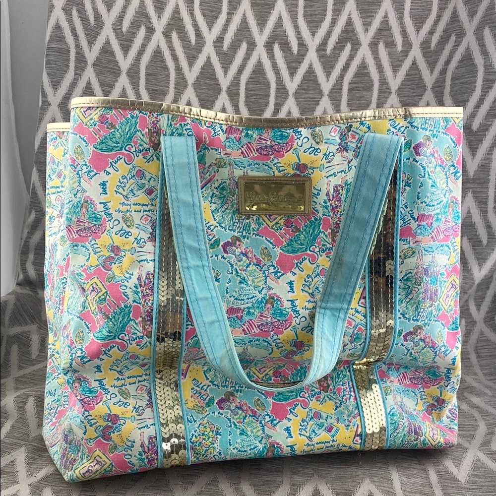 Lilly Pulitzer Vibrant Pastel Tote Sequin Handles and Metallic Details Medium